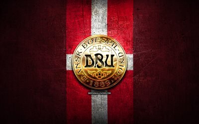 Denmark National Football Team, golden logo, Europe, UEFA, red metal background, Danish football team, soccer, DBU logo, football, Denmark