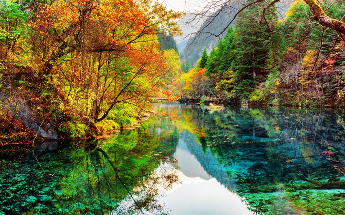 Jiuzhaigou Nationalpark, 4k, h&#246;st, blue lake, skogen, Kina, vacker natur, Asien, Dalen Nio Byar