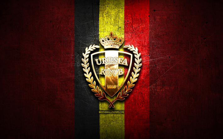 Belgian Jalkapallomaajoukkue, kultainen logo, Euroopassa, UEFA, punainen metalli tausta, Belgian jalkapallo joukkue, jalkapallo, KBVB logo, Belgia