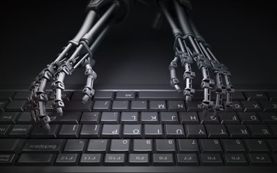 hands on keyboard, 4k, exoskeleton, darkness, computer typing, 3D art, black keyboard