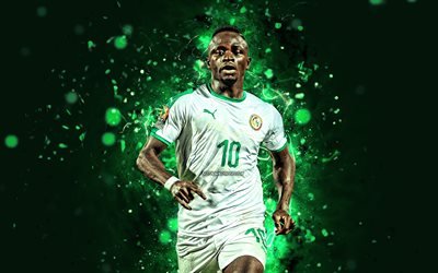 Sadio Mane, 4k, 2019 Copa africana de Na&#231;&#245;es, uniforme branco, Senegal Equipe Nacional, f&#227; de arte, Mane, futebol, jogadores de futebol, luzes de neon, Senegalesa de time de futebol, a arte abstrata