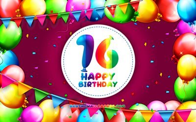 happy 16th birthday, 4k, bunte ballon-rahmen, geburtstagsfeier, blauer hintergrund, fr&#246;hlich 16 jahre geburtstag, kreativ, 16 geburtstag, geburtstag-konzept, 16th birthday party