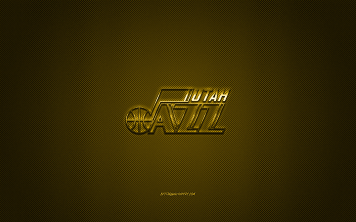 Utah Jazz, American basketball club, NBA, yellow logo, yellow carbon fiber background, basketball, Salt Lake City, Utah, USA, National Basketball Association, Utah Jazz logo