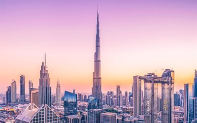 Burj Khalifa, 4k, puesta de sol, paisajes urbanos, los rascacielos, los Emiratos &#193;rabes Unidos, Dubai, EMIRATOS &#225;rabes unidos