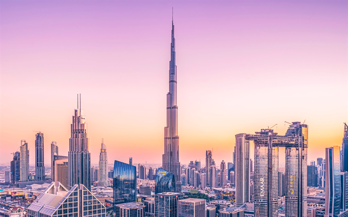 Burj Khalifa, 4k, sunset, stadsbilder, skyskrapor, F&#246;renade Arabemiraten, Dubai, F&#246;renade ARABEMIRATEN