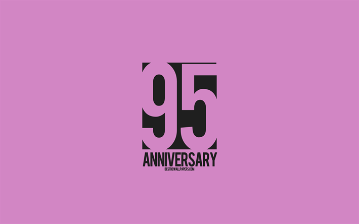 95&#186; Anivers&#225;rio sinal, o estilo de minimalismo, fundo roxo, arte criativa, 95 anos de anivers&#225;rio, tipografia, 95 anos