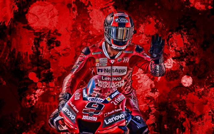 Danilo Petrucci, red paint splashes, MotoGP, 2019 bikes, Ducati Desmosedici GP19, grunge art, Mission Winnow Ducati Team, Ducati