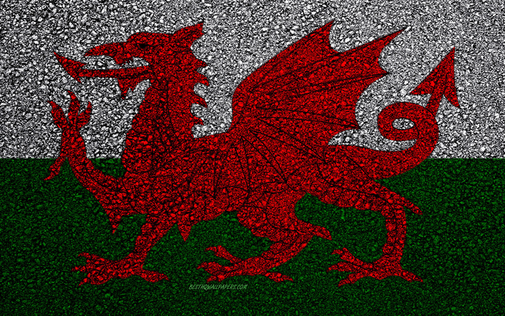 Flag of Wales, asphalt texture, flag on asphalt, Wales flag, Europe, Wales, flags of european countries