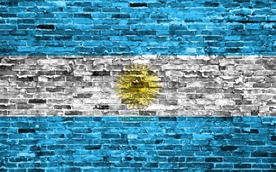 4k, Bandeira da argentina, tijolos de textura, Am&#233;rica Do Sul, s&#237;mbolos nacionais, Bandeira da Argentina, brickwall, Argentina 3D bandeira, Pa&#237;ses da Am&#233;rica do sul, Argentina
