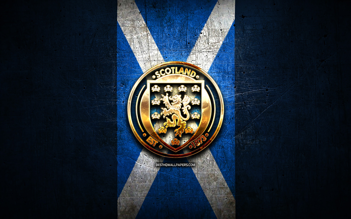 Scotland National Football Team, golden logo, Europe, UEFA, blue metal background, Scottish football team, soccer, SFA logo, football, Scotland