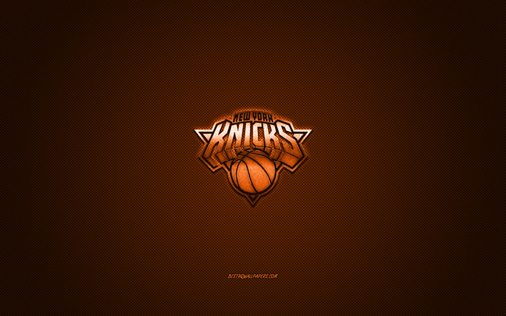 New York Knicks, American basketball club, NBA, oranssi logo, oranssi hiilikuitu tausta, koripallo, New York, USA, National Basketball Association, New York Knicks logo