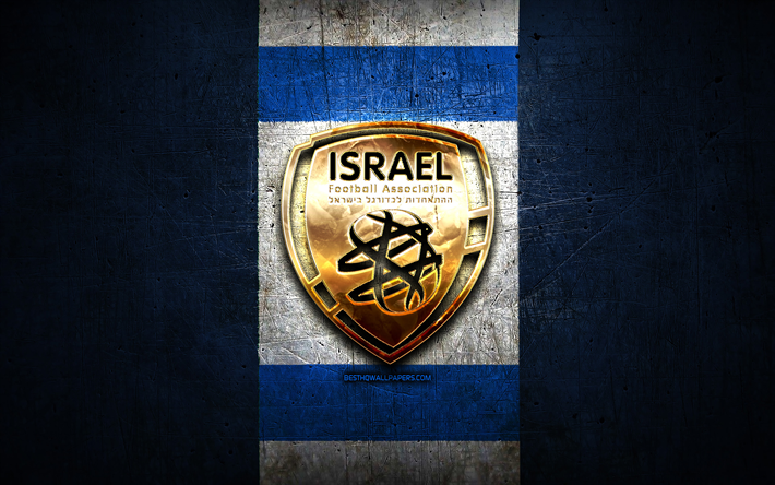 Israel National Football Team, golden logotyp, Europa, UEFA, gr&#246;n metall bakgrund, Israeliska fotboll, fotboll, IFA logotyp, Israel