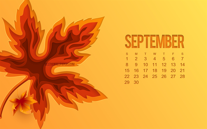 2019 Calendrier septembre, orange, fond, automne, feuille 3d, septembre 2019 calendriers, septembre 2019 Calendrier