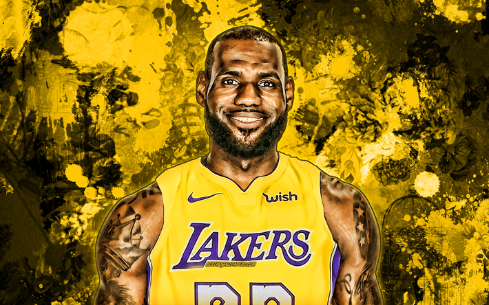 LeBron James, yellow paint splashes, NBA, Los Angeles Lakers, basketball, LeBron Raymone James Sr, grunge art, basketball stars, LA Lakers, creative, LeBron James Lakers