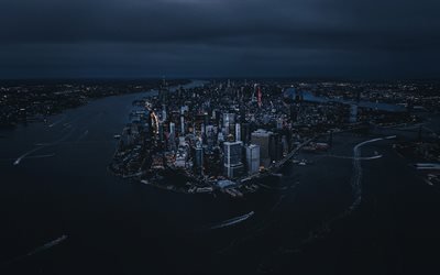 Manhattan from high, 4k, american cities, nightscapes, NYC, skyscrapers, New York, Manhattan, USA, Manhattan at night, Cities of New York, America, New York City