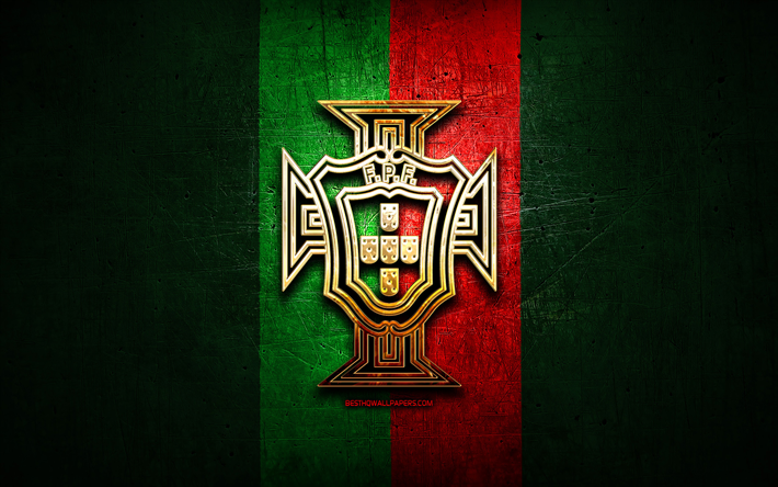 Portugalin Jalkapallomaajoukkue, kultainen logo, Euroopassa, UEFA, vihre&#228; metalli tausta, Portugalin jalkapallojoukkue, jalkapallo, PFF-logo, Portugali