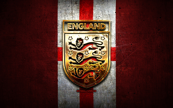 England National Football Team, golden logo, Europe, UEFA, red metal background, English football team, soccer, EFA logo, football, England