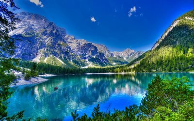 glacial sj&#246;n, mountain lake, hdr, bergslandskapet, Alperna, skogen