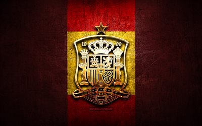 Spain National Football Team, golden logo, Europe, UEFA, red metal background, Spanish football team, soccer, RSFF logo, football, Spain