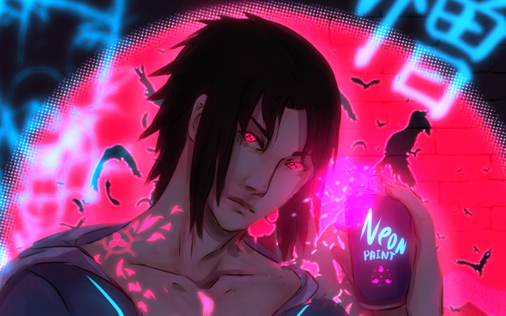 Sasuke Uchiha, neon art, Naruto characters, creative, manga, artwork, Naruto, Sharingan