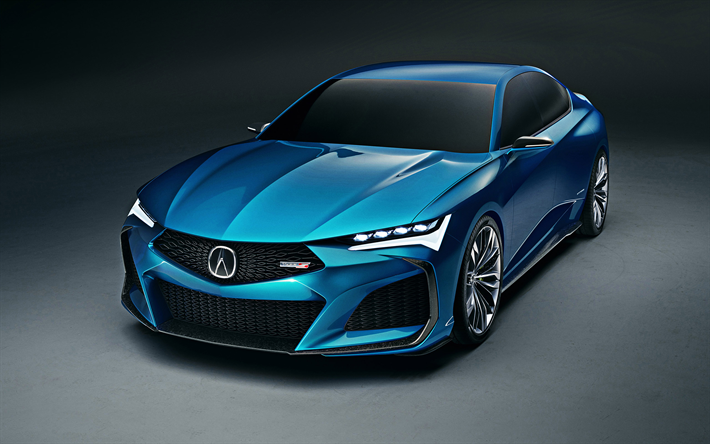 Acura Type S Concept, 2019, 4k, exterior, front view, blue sedan, new blue Type S, japanese cars, Acura