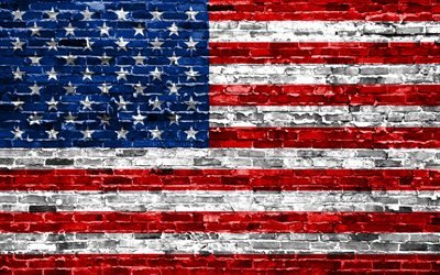 4k, USA flag, bricks texture, North America, national symbols, Flag of USA, brickwall, USA 3D flag, North American countries, USA, American flag