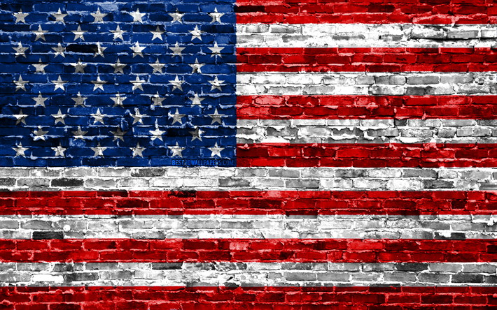 4k, ABD bayrak, tuğla doku, ABD, Kuzey Amerika, ulusal semboller, Bayrak, brickwall, ABD 3D bayrak, Kuzey Amerika &#252;lkeleri, Amerikan bayrağı