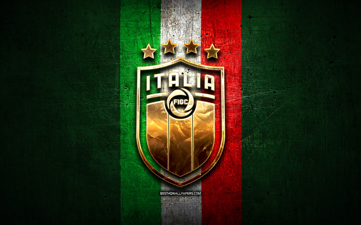 Italy National Football Team, golden logo, Europe, UEFA, green metal background, Italian football team, soccer, FIGC logo, football, Italy