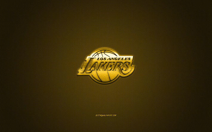 Los Angeles Lakers, American club di pallacanestro, NBA, giallo logo, giallo contesto in fibra di carbonio, basket, Los Angeles, California, USA, la National Basketball Association, Los Angeles Lakers logo