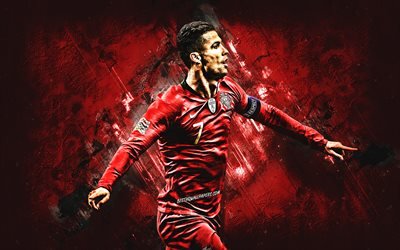 Cristiano Ronaldo, footballeur portugais, Portugal &#233;quipe nationale de football, portrait, CR7, pierre rouge de fond, football, Portugal