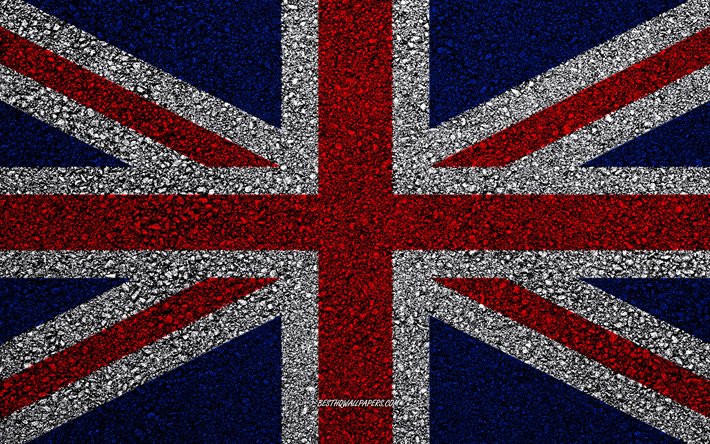 Flag of United Kingdom, asphalt texture, Flag of the Great Britain, flag on asphalt, United Kingdom flag, Europe, United Kingdom, flags of european countries, Great Britain flag