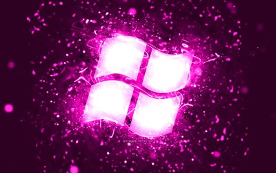 Logotipo de Windows púrpura, 4k, luces de neón púrpura, creativo, fondo abstracto púrpura, logotipo de Windows, SO, Windows