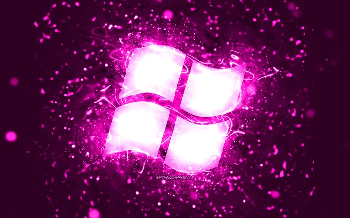 Windows purple logo, 4k, purple neon lights, creative, purple abstract background, Windows logo, OS, Windows