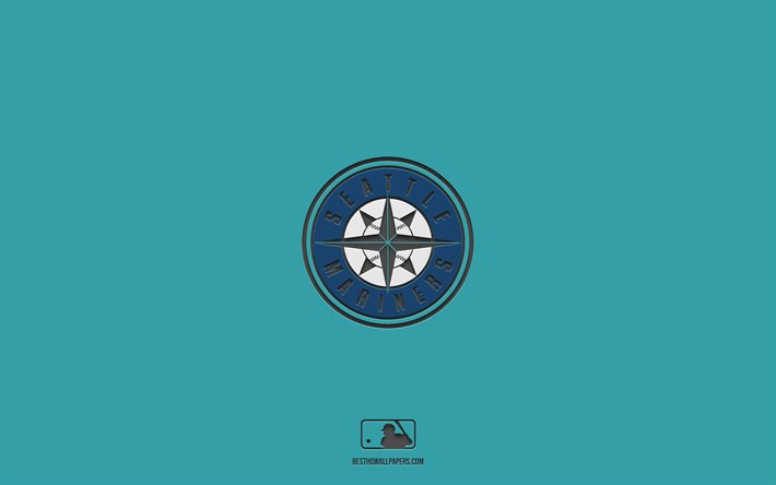 Seattle Mariners, fondo turquesa, equipo de b&#233;isbol estadounidense, emblema de los Seattle Mariners, MLB, Seattle, EE UU, B&#233;isbol, logotipo de los Seattle Mariners