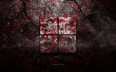 Logo di Windows 11, arte del grunge, logo di pietra di Windows 11, Windows, struttura di pietra rossa, Windows 11, struttura di pietra di grunge, emblema di Windows 11, logo 3d di Windows 11, logo di Windows