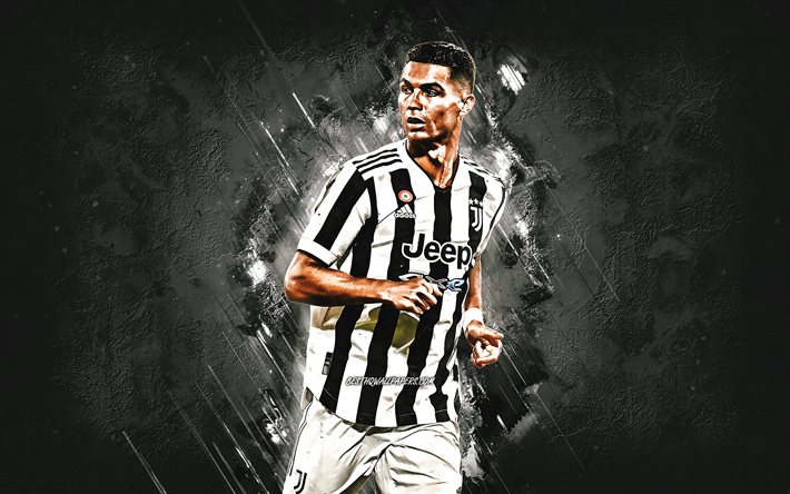 Cristiano Ronaldo, 2021, Juventus FC, portrait, Ronaldo art, grunge art, gray stone background, football, Juventus, Italy