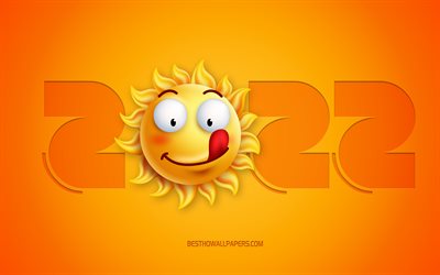 2022 New Year, 4k, Happy New Year 2022, 2022 yellow 3d background, 3d 2022 art, 3d sun smile, 2022 concepts, sun funny emotions, 2022 sun background