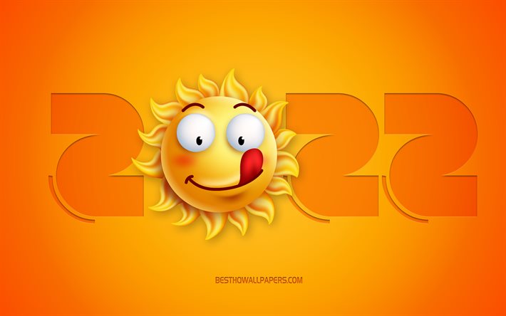 2022 Ano Novo, 4k, Feliz Ano Novo 2022, 2022 fundo amarelo 3d, 3d 2022 arte, 3d sorriso do sol, conceitos de 2022, emo&#231;&#245;es engra&#231;adas do sol, 2022 fundo do sol