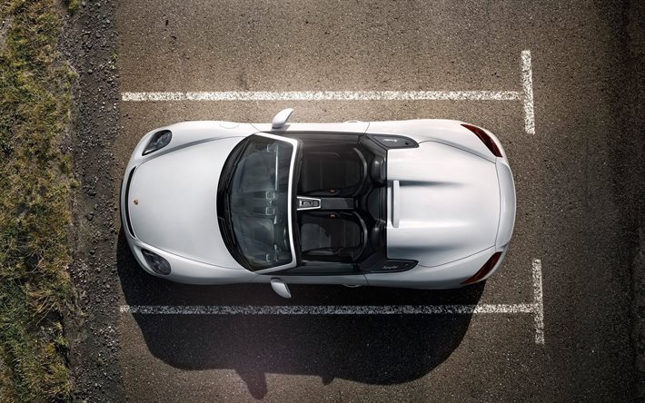 Porsche Boxster Spyder, estacionamento, supercarros, branco boxster