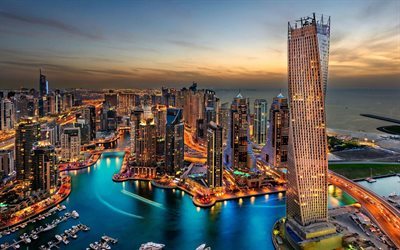 Dubai, F&#246;renade Arabemiraten, kv&#228;ll, skyskrapor, font&#228;ner, Persiska Viken