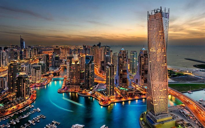 Dubai, Emirados &#193;rabes Unidos, noite, arranha-c&#233;us, fontes, Golfo P&#233;rsico