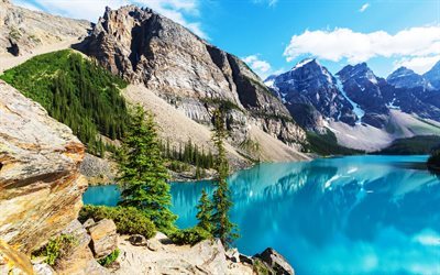 O Lago Moraine, HDR, ver&#227;o, montanhas, O parque Nacional de Banff, Canad&#225;