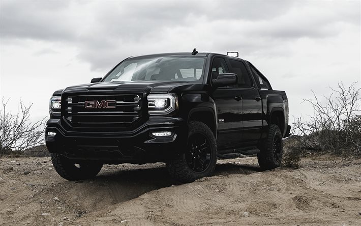 GMC Sierra Crew Cab, 2016, tuning GMC, siyah kamyonet, Amerikan arabaları