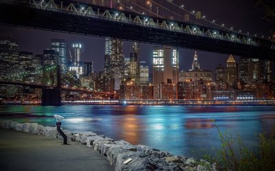 Nueva York, Manhattan, estados UNIDOS, Noche, Puente de Manhattan, el Puente de Brooklyn