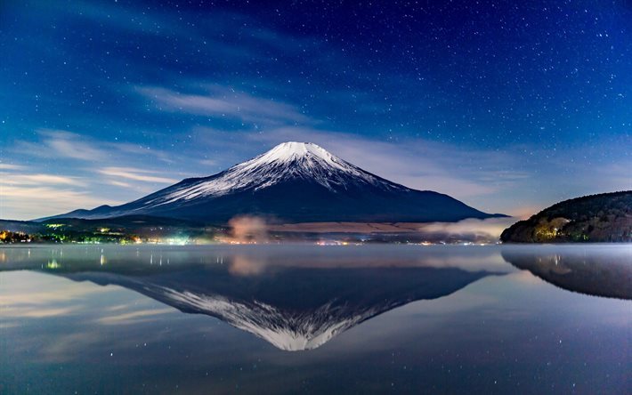 Mount Fuji, starry sky, night, reflections, lake, volcano, Japan