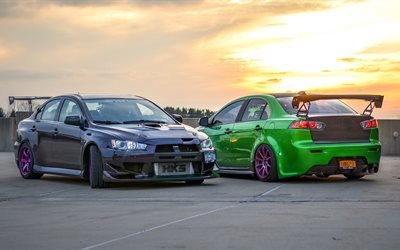 Mitsubishi Lancer, Evolution, green Lancer, gray Lancer, purple wheels, tuning Mitsubishi