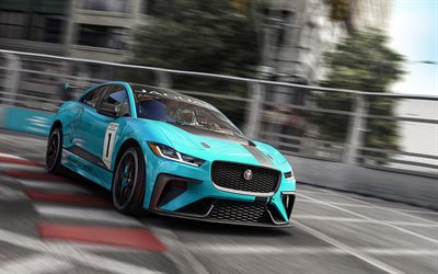Jaguar I-Pace, eTrophy Racecar, 2018, tuning I-Pace, racing track, turquoise Jaguar