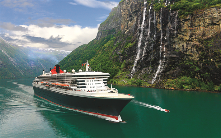 Queen Mary 2, cruise ship, fjord, mountains, Norway