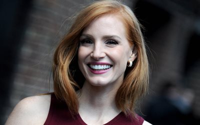 Jessica Chastain, smile, American actress, portrait, burgundy dress