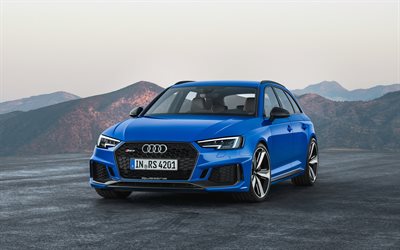 Audi RS4 Avant, 2018, vista de frente, deportes, inmuebles, el ajuste de Audi, azul RS4, los coches alemanes, el Audi